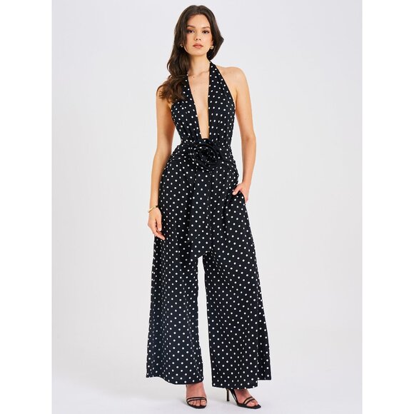 Oriana Black Polka Dots Halter Jumpsuit - Picture 1 of 16